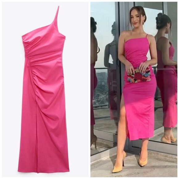 ZARA ASYMMETRIC DRAPED LINEN BLEND DRESS BARBIE CORE - Picture 1 of 9